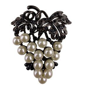 Womens Black Tone Metal Brooch Grape Cluster Faux Pearls Rhinestone Accent